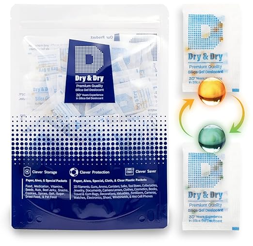 Dry & Dry 2 Gram [50 Packets] Orange Indicating Silica Gel Packets Desiccants - Food Safe Silica Packs, Silica Gel, Silica Packets, Desiccant Packs for Food Storage