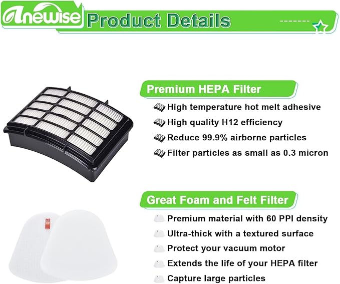 Filter Replacement for Shark Navigator Lift Away Deluxe Professional Vacuum ZU503AMZ NV350 NV351 NV352 NV355 NV357 NV360 NV370 UV440 UV540, Parts XFF350 & XHF350, 1 HEPA + 2 Pre-Felt Filters