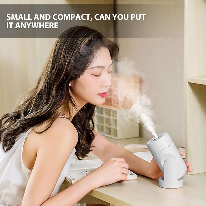 Portable Mini Humidifier,USB Automatic Rotating Super Quiet Small Desktop Cool Mist Humidifier for Bedroom Office Car Travel (White)