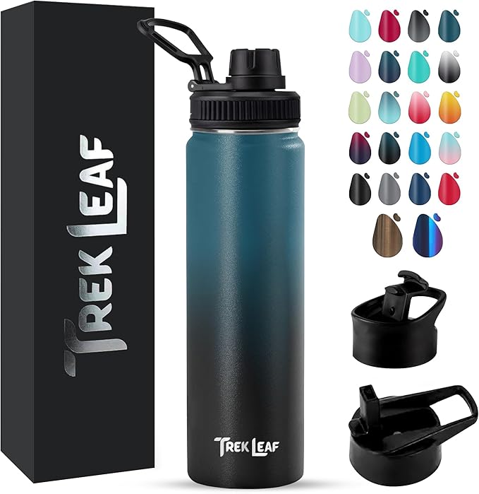 Travel Water Bottle with 3 Lids (Spout, Straw, Flip) Leak Proof, Quality, Vacuum Insulated, Stainless Steel (Cascade Shadow, 22 oz)