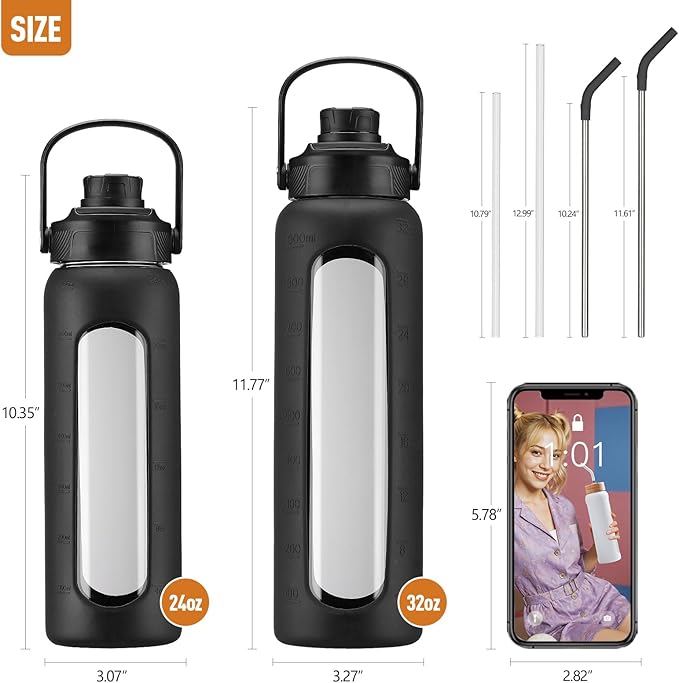 Kodrine Water Bottle with Straw, 24 oz Glass water Bottle with 2 Lids Bamboo Straw Lid and Spout Lid with Handle, 32 oz Clear Water Bottle Glass for Sports Travel, Waterbottle with Time Marker-FlexoryFit