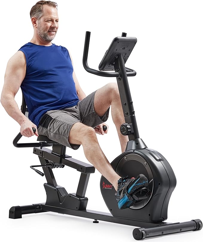Sunny Health & Fitness Smart Heavy-Duty Recumbent Bike w/Wide Cushioned Seat & Back, Indoor Cycling Machine for Adult/Seniors Home Exercise, Free SunnyFit App Connect, Optional Workout Training Bands-FlexoryFit