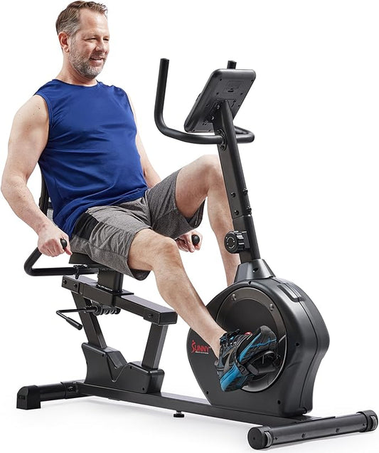 Sunny Health & Fitness Smart Heavy-Duty Recumbent Bike w/Wide Cushioned Seat & Back, Indoor Cycling Machine for Adult/Seniors Home Exercise, Free SunnyFit App Connect, Optional Workout Training Bands-FlexoryFit