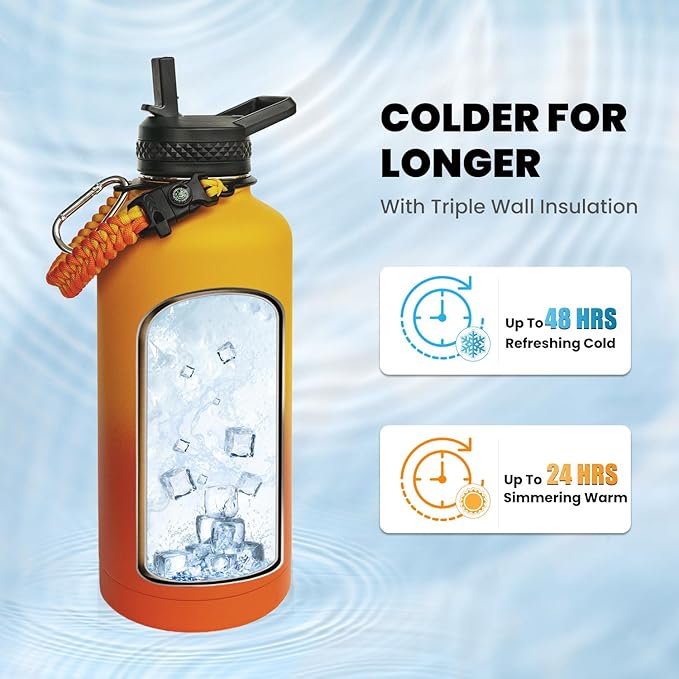 Insulated Water Bottle 87 oz, Triple Wall Vacuum Stainless Steel (Cold for 48 Hrs), Leak Proof & Non-BPA, Modern Water Flask Jug with Paracord Handle & Straw Spout Lids, Ombre Orange-FlexoryFit