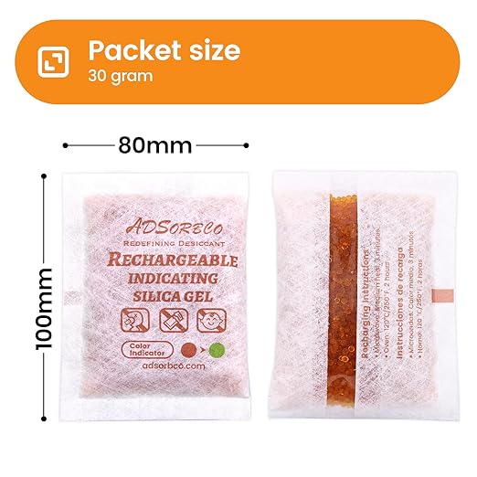 Adsorbco Rechargeable Desiccant, Indicating Silica Gel Packets, Moisture Absorbers for Storage, Gun Safe Dehumidifiers (15, 30g)