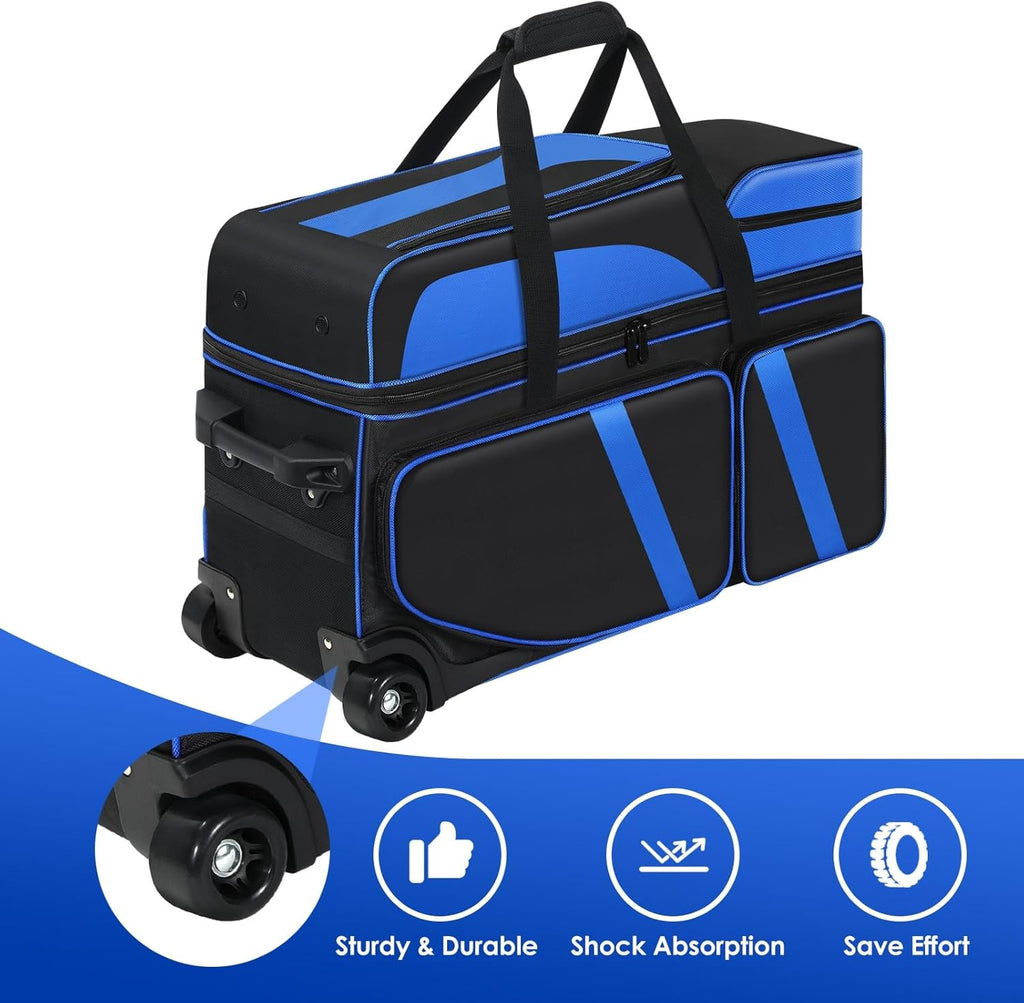 3 Ball Bowling Bags With Wheels,Bowling Bags 3 Ball Roller With Shoes Compartment And Multiple Pockets,3 Ball Bowling Bag has Retractable Handle Extends to 41.5 in