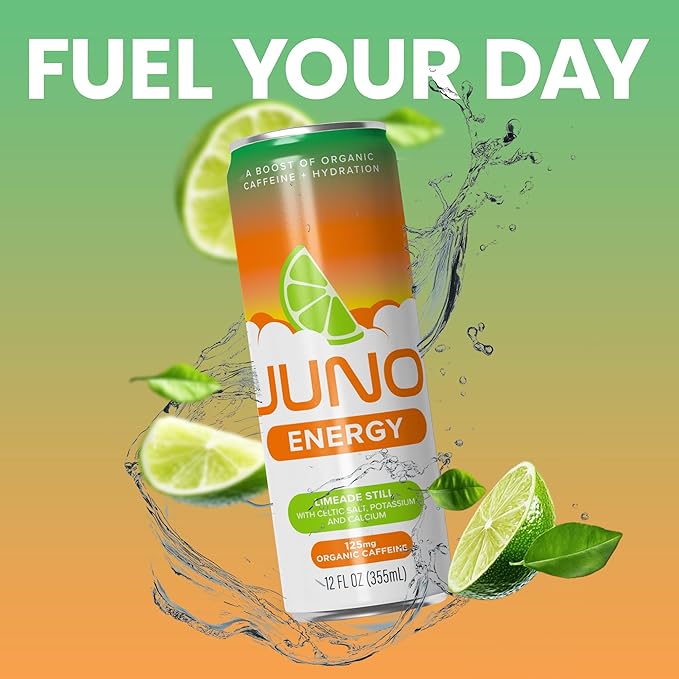 JUNO ENERGY Limeade Still Drink - Sugar Free Electrolytes 125mg Organic Caffeine from Green Coffee Beans, Hydrating with Monk Fruit Sweetener, Organic Lime Juice - Vegan, Gluten Free, 12 Pack-FlexoryFit