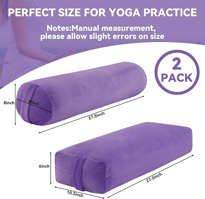 ROYALAY 2 Pcs Yoga Bolster Pillow for Restorative Yoga, Rectangular and Cylinder Meditation Pillow Set with Carrying Handles, Supportive Cushion for Exercise Workout Stretching Meditation,Purple-FlexoryFit