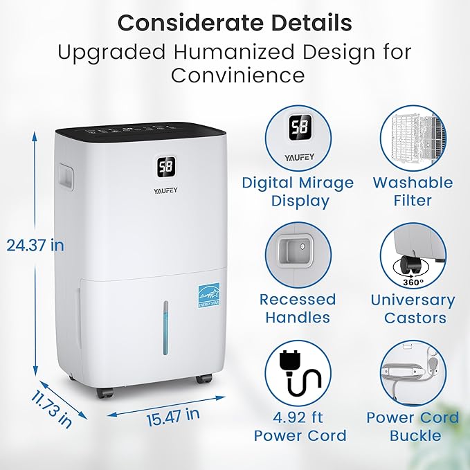 Yaufey 150 Pints Energy Star Dehumidifier with Pump for Home, Basement and Large Room up to 7000 Sq. Ft., With Drain Hose, Timer, Intelligent Humidity Control and Large Water Tank