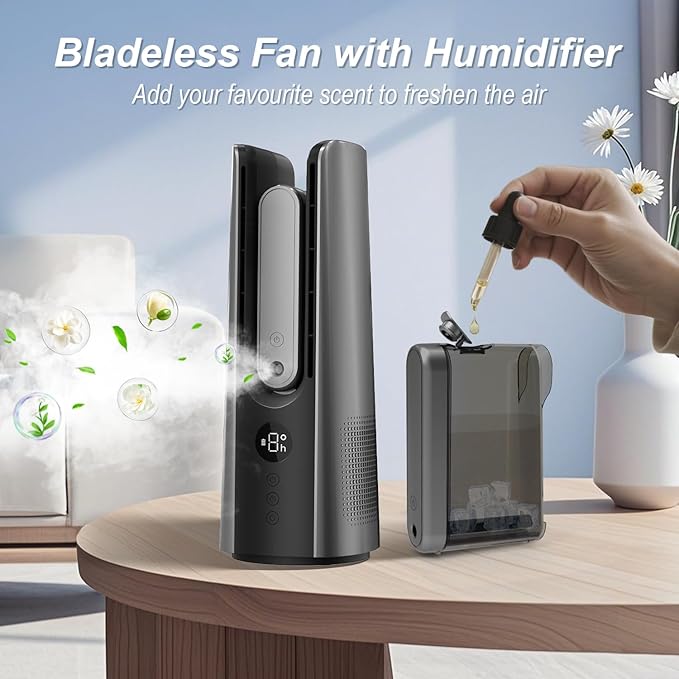 Desk Fan, Small Quiet Table Fan with Humidifier, 14 Inch Portable Bladeless Fan with 9 Speed Adjustment, 2 Modes, 5000mAh Battery, 60° Oscillating Mini Fan for Bedroom Office Living Room Dorm