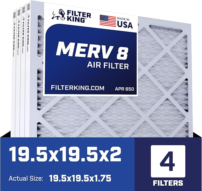 Filter King 19.5x19.5x2 Air Filter | 4-PACK | MERV 8 HVAC Pleated A/C Furnace Filters | MADE IN USA | Actual Size: 19.5 x 19.5 x 1.75"