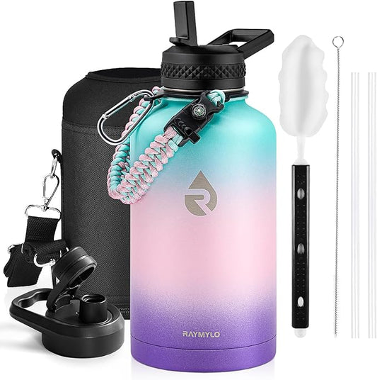 Insulated Water Bottle 64 oz, Triple Wall Vacuum Stainless Steel (Cold for 48 Hrs), Leak Proof & Non-BPA, Half Gallon Water Flask Jug with Paracord Handle & Straw Spout Lids, Hydrangea-FlexoryFit