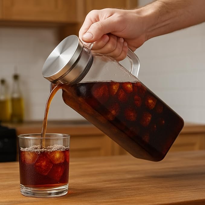 68 oz Square Glass Pitcher with Lid and Spout, 2 Quart Lightweight Water Pitchers for Hot/Cold Drink, Borosilicate Jugs, Heat Resistant, Glass Carafe with Handle,Ideal for Fridge Storage(2Pack)