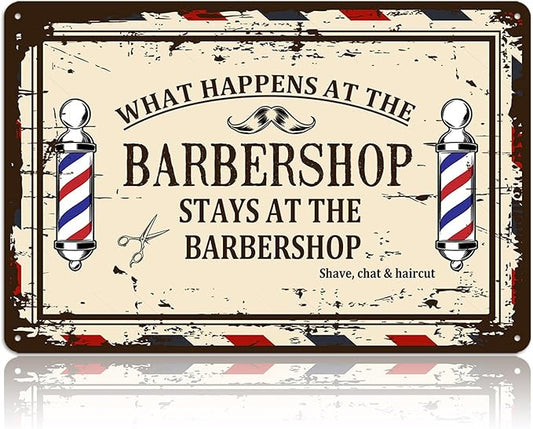 Barber Shop Decor Accessories - Vintage Barbershop Metal Tin Signs Haircut Wall Art Posters Gifts for Men Decorations - What Happens At The Barbershop Stays At The Barbershop Sign 8x12 Inch-FlexoryFit