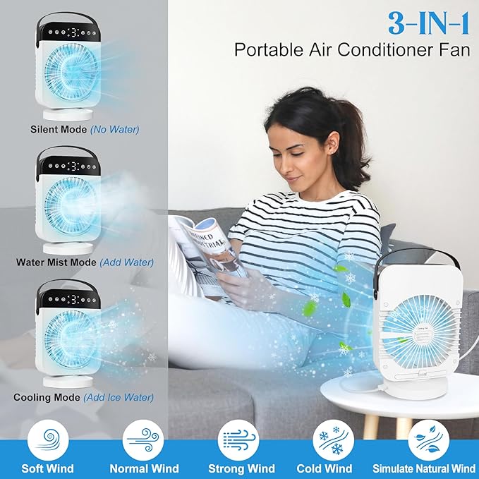 Portable Air Conditioner, Personal Mini Air Conditioner Cooling Fan with 5 Speeds, 70° Oscillation, Evaporative Air Cooler 1/2/4/8H Timer, 7 LED Night Light Portable AC for Car Camping Bedroom Office