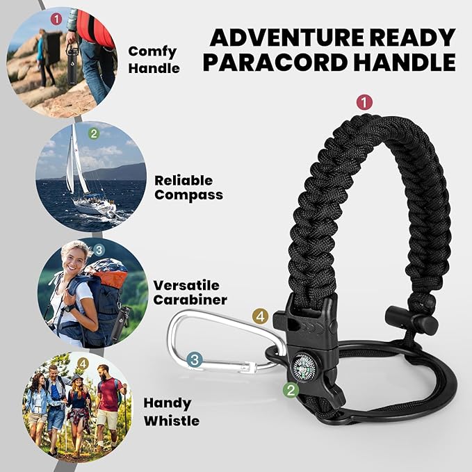 Insulated Water Bottle 24oz, Triple Wall Vacuum Stainless Steel (Cold for 48 Hrs, Hot for 24Hrs), Leak Proof & Non-BPA, 24oz Hydro Water Flask with Paracord Handle & Straw Spout Lids-FlexoryFit