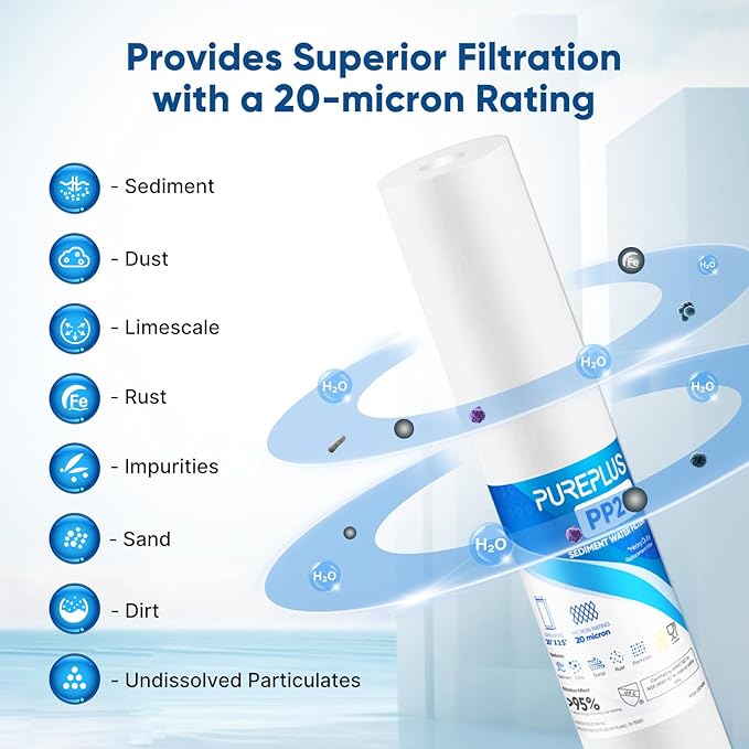 PUREPLUS 20 Micron 20" x 2.5" Whole House Sediment Home Water Filter, 20-inch Sediment Pre-Filtration, Replacement Cartridge Aqua Pure AP110-2C, Pentek P1-20/SP-P1-20/PX01-20, Watts FPMB5-20, 6PACK