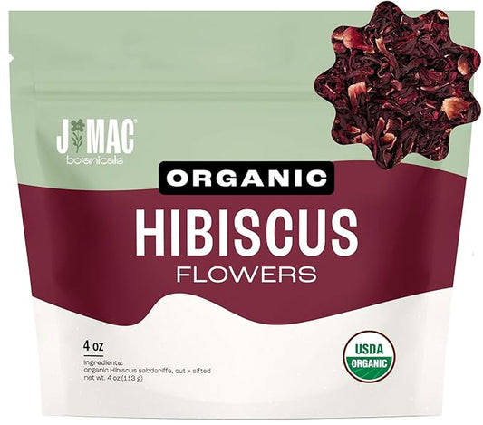 J Mac Botanicals, Organic Hibiscus Flower (4 ounce), Hibiscus tea, cut & sifted flowers, dried from Egypt, herbal tea leaves, Flor de Jamaica, edible-FlexoryFit