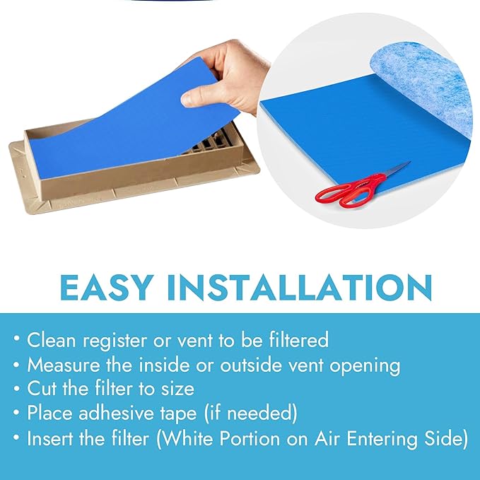NORTHWEST ENTERPRISES Cut to Size Floor Vent Air Filters for home - MERV 8 Electrostatic Cut to Fit Air Filter Roll & Adhesive Hook Tape (12" x 120" Triple Filtration)