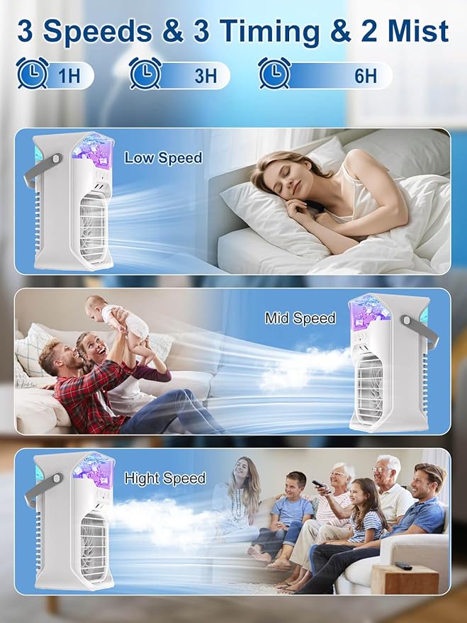 Portable Air Conditioner, 1500ML, Removable & Washable Fan Blades, Timer Function, 4 Speeds, 2 Cool Mists, 7-Color Light, Personal Evaporative Air Cooler for Home, Office, Bedroom, and Camping-White