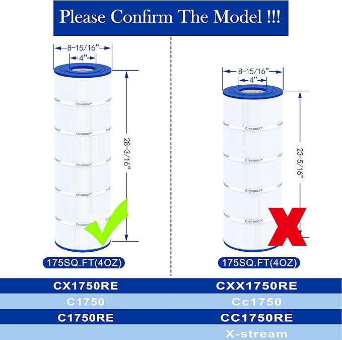 Cryspool® 08060 Filter Compatible with CX1750RE, C1750, C1750E, C1900RE, PA175, C-8417, FC-1294, 817-0175P, 175 Sq. Ft Pool Filter Cartridge, 1 Pack