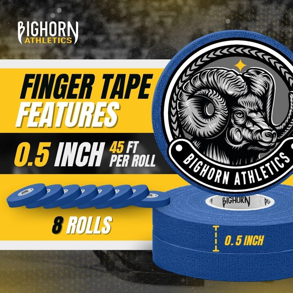 Bighorn Athletics Jiu Jitsu Finger Tape, Rock Climbing Tape | Multipurpose for Sports & Injuries: MMA, Volleyball, Football, Basketball, Tennis, Golf, Hands & Toes, 0.5-Inch x 45-feet, 8-Rolls, Blue