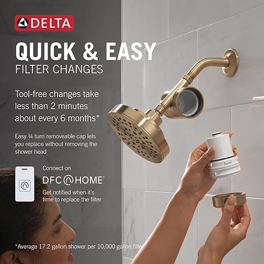 Delta Faucet 5-Setting Shower Head Gold with Clarifi Standard Shower Filter Attachment with Filter