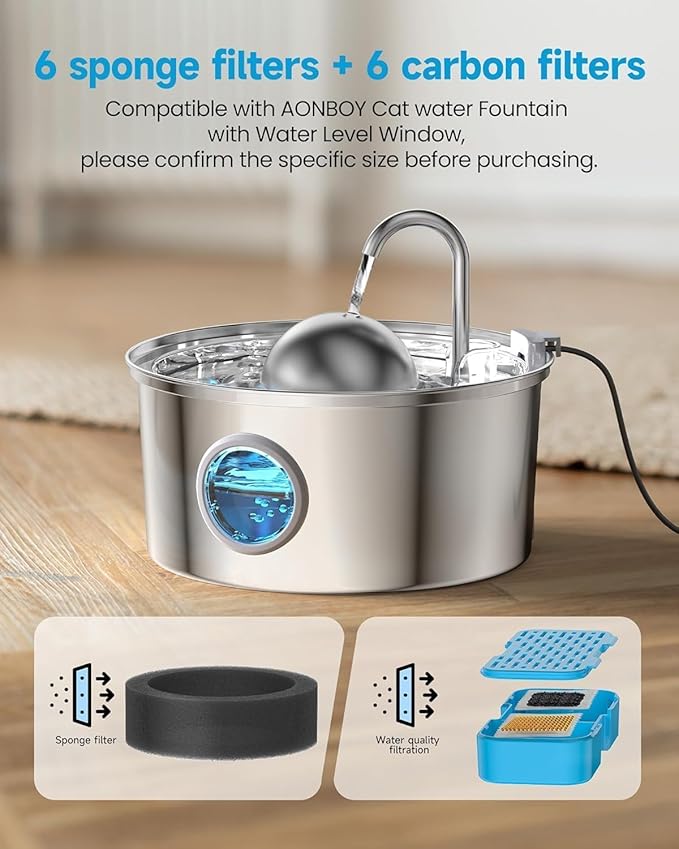 Cat Water Fountain with Water Level Window, AONBOY 108oz/3.2L Cat Fountain, Dog Water Fountain Stainless Steel, Hemispherical Shape, Provides Flowing Water (8 Filters +8 Sponges)