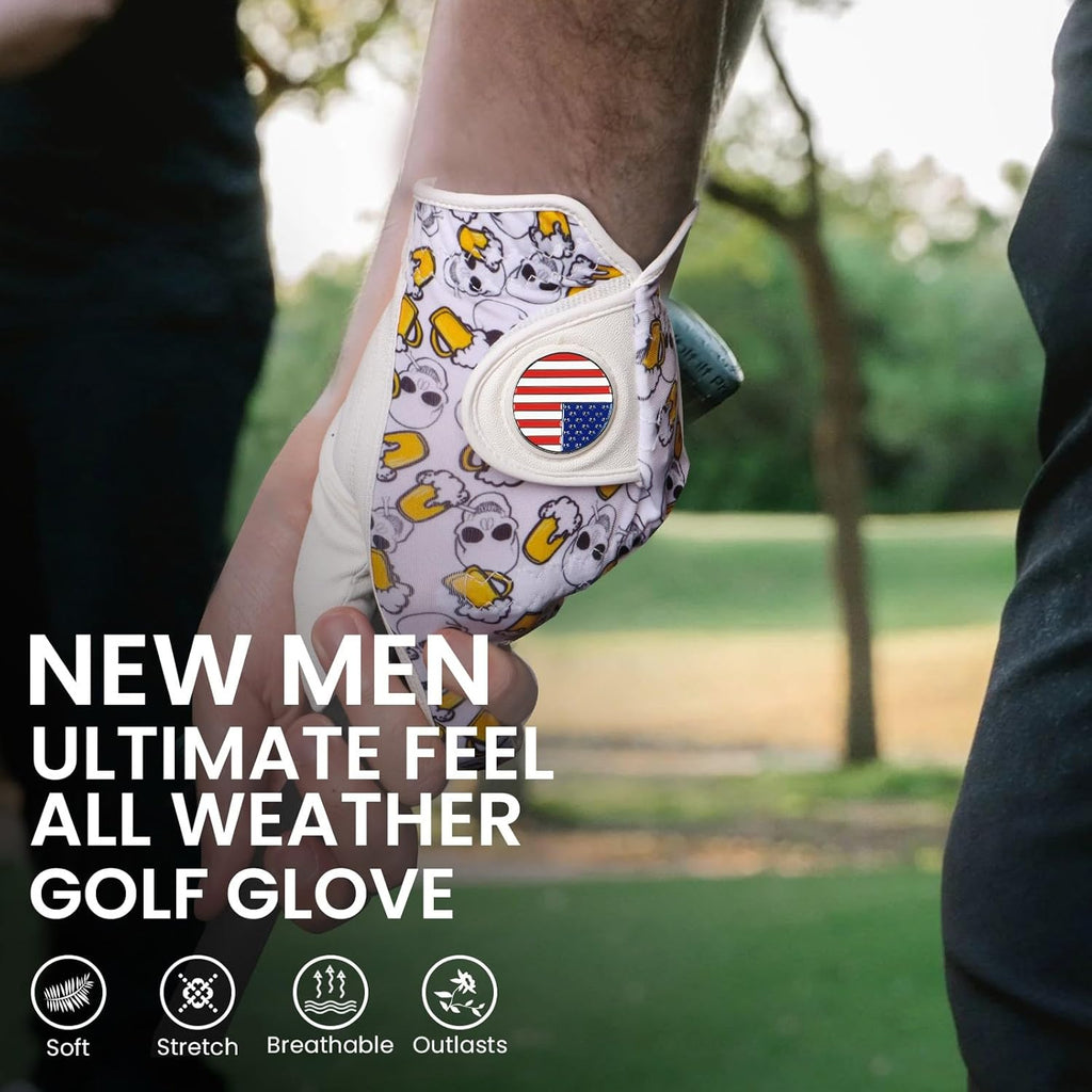 FINGER TEN Golf Gloves Men Left Hand Right with Ball Marker USA Flag Blue Camo Plaid Pack, Mens Leather Golf Glove All Weather Grip Small Medium ML Large XL
