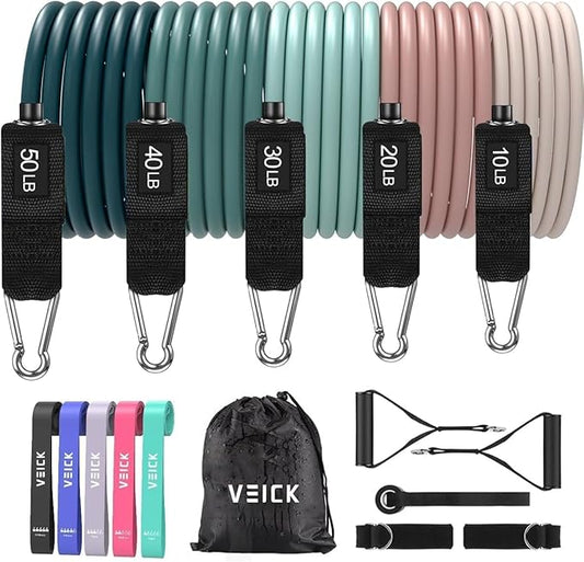 VEICK Resistance Bands, Exercise Bands for Working Out with Handles, Elastic Workout Bands for Men Women, Exercising Bands for Strength Training Equipment at Home Gym-FlexoryFit
