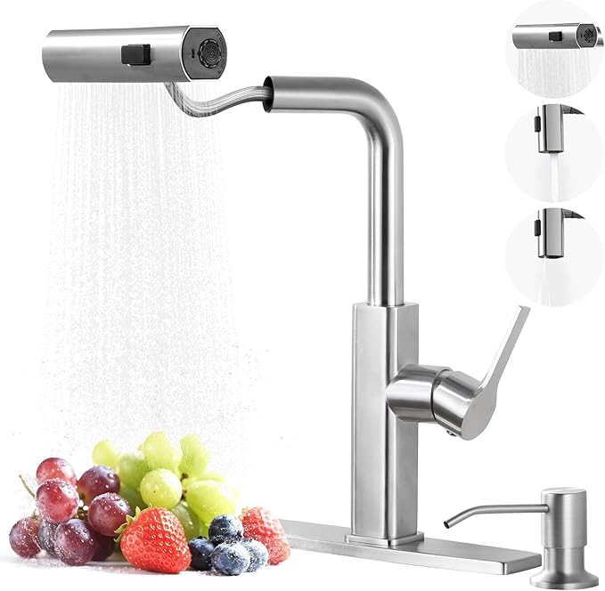 Kitchen Faucet with Pull Down Sprayer: ALEASHA Waterfall Kitchen Sink Faucet with 3 Function Pullout Sprayer, Single Hole for RV/Bar, 360° Swivel Faucets with Spout Soap Dispenser, Brushed Nickel