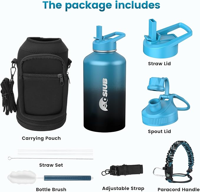 Insulated Water Bottle 87 oz, Triple Wall Vacuum Stainless Steel(Cold for 48 Hrs),Leak Proof & BPA-Free,Half Gallon Water Bottle with Reflective Paracord & Flip Straw for Sports & Travel, Indigolack-FlexoryFit