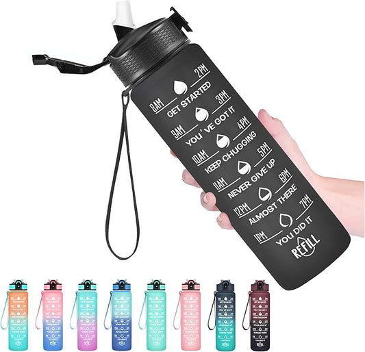 Hyeta 32 oz Water Bottles with Times to Drink and Straw, Motivational Water Bottle with Time Marker, Leakproof, Drinking Sports Water Bottle for Fitness, Gym and Outdoor-FlexoryFit