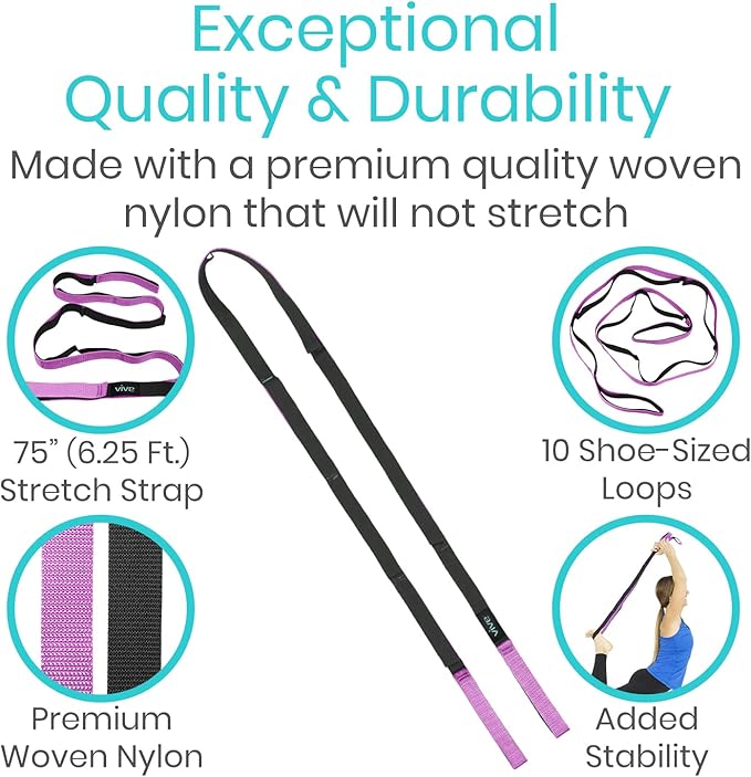 Vive Stretch Strap (75" - 10 Loops) - Leg Stretch Band to Improve Flexibility - Stretching Out Yoga Strap - Exercise and Physical Therapy Belt for Rehab, Pilates and Gymnastics with Guide Book-FlexoryFit