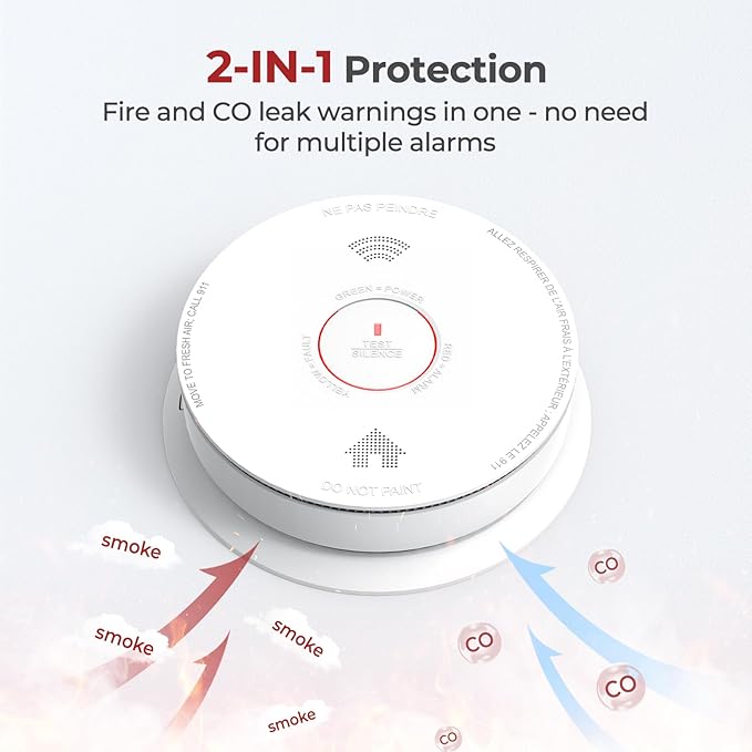 Smoke Detector Carbon Monoxide Detector Combo 10 Year Battery with Bilingual Voice Alerts,UL 217-9th Standard Fire Smoke & Carbon Monoxide Alarms for Home Standalone Model 1 Pack