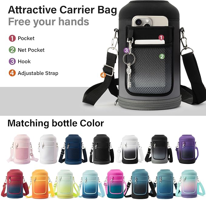 Insulated Water Bottle | Thickened Stainless Steel Vacuum Metal | Portable Sports Half Gallon Large Water Jug for Gym and Hiking with Straw, Carrier Bag, Handle Strap | BPA-Free 64 oz-FlexoryFit