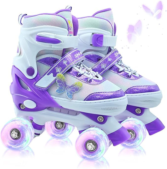 Kids Roller Skates for Girls-Outdoor 4 Size Adjustable Butterfly Quad Rollerskates for Indoor Ages 3-12 Years Beginners Children's Birthday Gift with Light Up Wheels patines para niñas Indoor-FlexoryFit