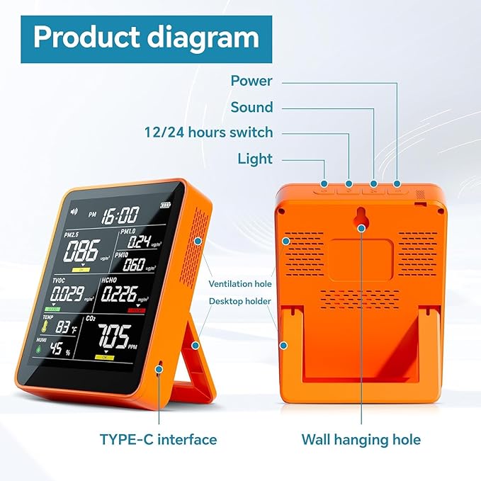 9-in-1 Professional Indoor Air Quality Monitor Portable PM2.5/PM10/CO2, Temperature, Formaldehyde Detector, Humidity TVOC,Time Display Air Quality Tester - Confined Space Clean Air Monitor-Persimmon