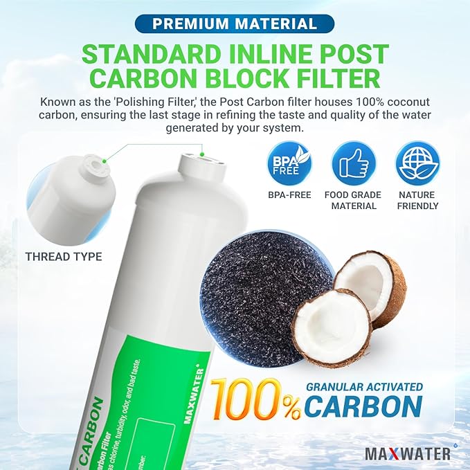 10" 5 Micron Inline Post Activated Carbon Water Filter Replacement Cartridge, 1/4"NPT Ports for Refrigerator, Ice Maker, RO Replacement for HX-ICF-10/3, FLTIN01PKQ, FT15, ICF-10Q/3-4 Pack