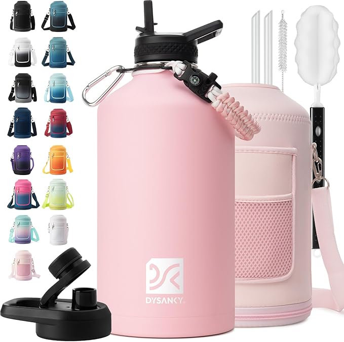 1 Gallon Water Bottle Insulated | Thickened Stainless Steel Vacuum Metal Water Jug | Portable Sports Large for Gym and Hiking with Straw, Carrier Bag, Handle Strap | BPA-Free 128 oz-FlexoryFit