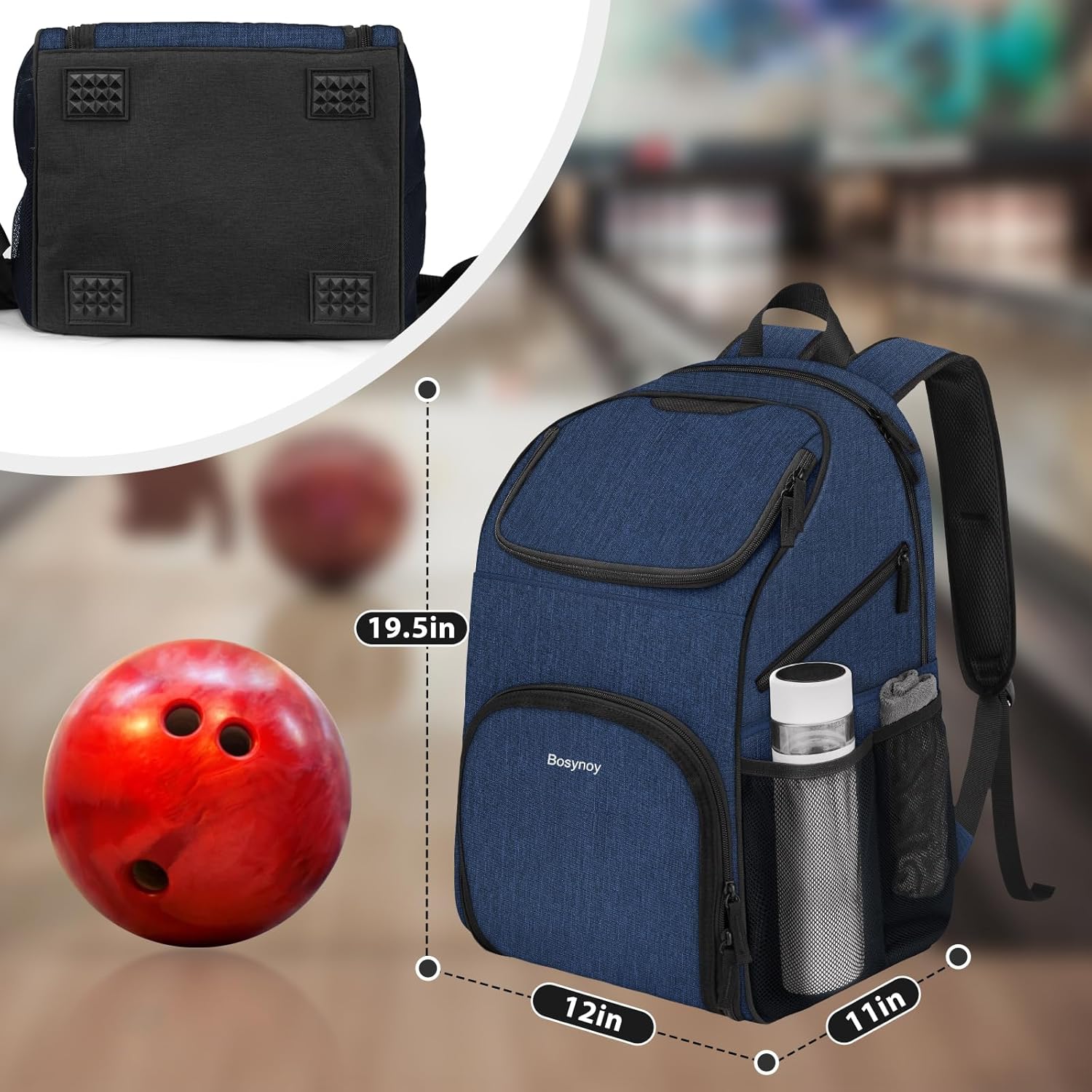 Bosynoy Bowling Backpack, Bowling Ball Bag Totes for Single Ball with Shoe Compartment & Foam Padded, Fits Shoes Up to US Mens Size 16, Grey