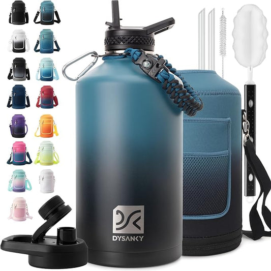 1 Gallon Water Bottle Insulated | Thickened Stainless Steel Vacuum Metal Water Jug | Portable Sports Large for Gym and Hiking with Straw, Carrier Bag, Handle Strap | BPA-Free 128 oz-FlexoryFit