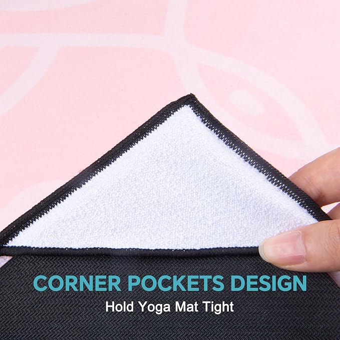 QiyI Yoga Mat Towel with Corner Pockets, Non Slip Sweat Absorbent Hot Yoga Towels, Soft Yoga Blankets with Travel Bag, Skidless Mat Cover for Workout, Gym, Fitness - 70"x26", Dreamy Pink Mandala-FlexoryFit