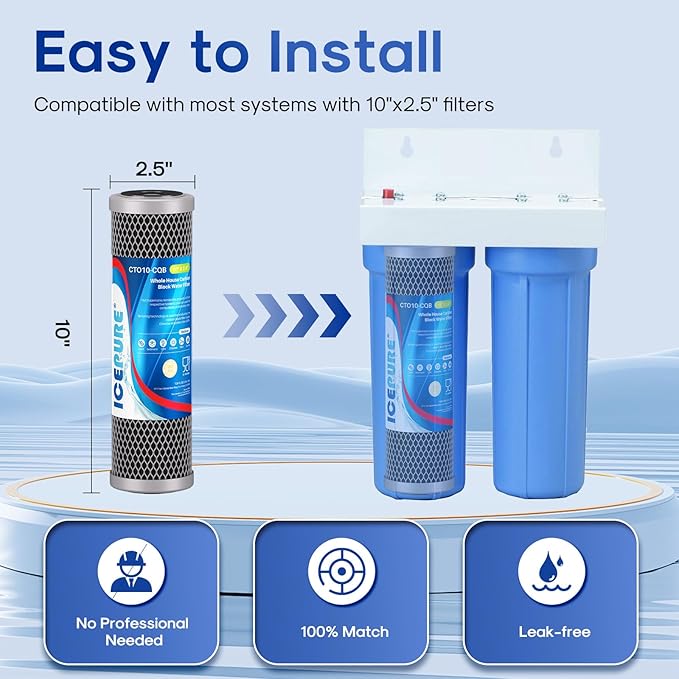 ICEPURE 1 Micron 10" x 2.5" Whole House Upgraded Coconut Shell Activated Water Filter Lead Remove Filter Cartridge Replacement for WFPFC8002, SCWH-5, WHCF-WHWC, FXWTC, CTO10-CQB, RO Unit, 3PACK