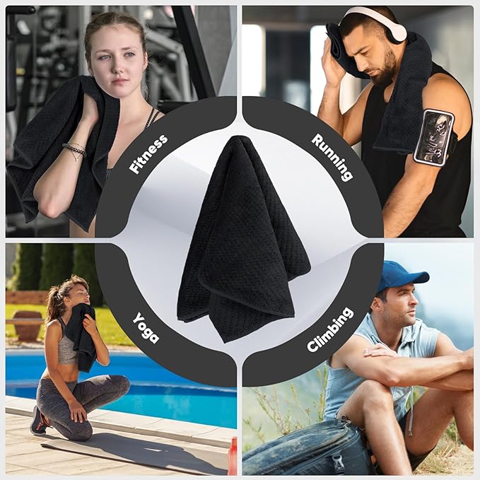 HOMEXCEL Black Gym Towels 6 Packs, (16x27 inches) Highly Absorbent Yoga Towel, Ultra Soft Hand Towels for Daily Use, Fast Drying Microfiber Workout Towels for Gym, Spa, Fitness, Camping, Hotel-FlexoryFit