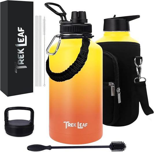 Travel Water Bottle with Carrying Bag, 3 Lids (Spout, Straw, Handle), and Bottle Brush; Leak Proof, Quality, Vacuum Insulated, Stainless Steel (Sunrise, 64 oz)
