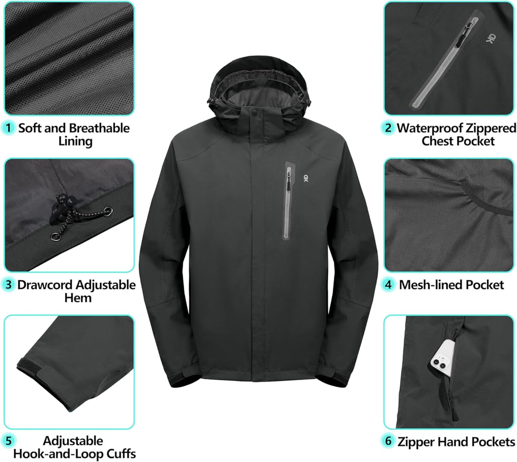 Little Donkey Andy Men's Waterproof Rain Jacket Outdoor Lightweight Hooded Raincoat for Hiking Golf Travel Fishing