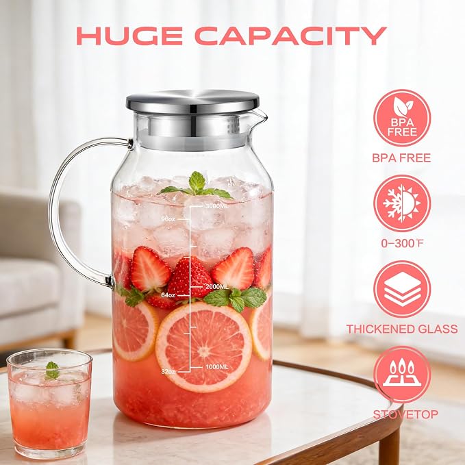 Aofmee Glass Pitcher with Lid and Handle, Glass Water Pitcher with Lid - Image 2
