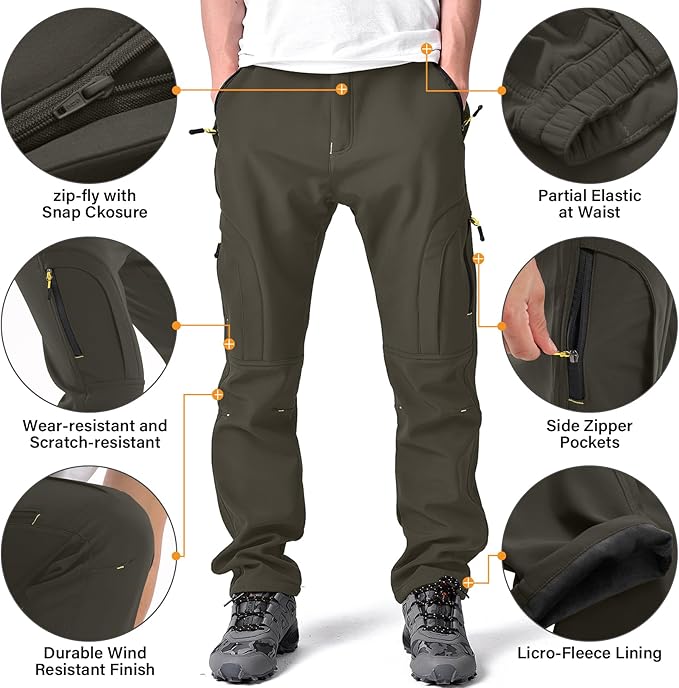 Toomett Men's hiking Snow Pants Skiing Winter Insulated Fleece lined Outdoor Water Repellent camping,walking,fishing-FlexoryFit