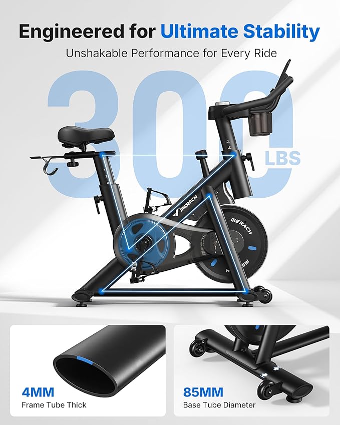 MERACH Exercise Bike, Brake Pad Stationary Bike with Exclusive App, Low Noise Indoor Cycling Bike with 300lbs Weight Capacity, Tablet Mount and Fitness Courses for Weight Loss-FlexoryFit